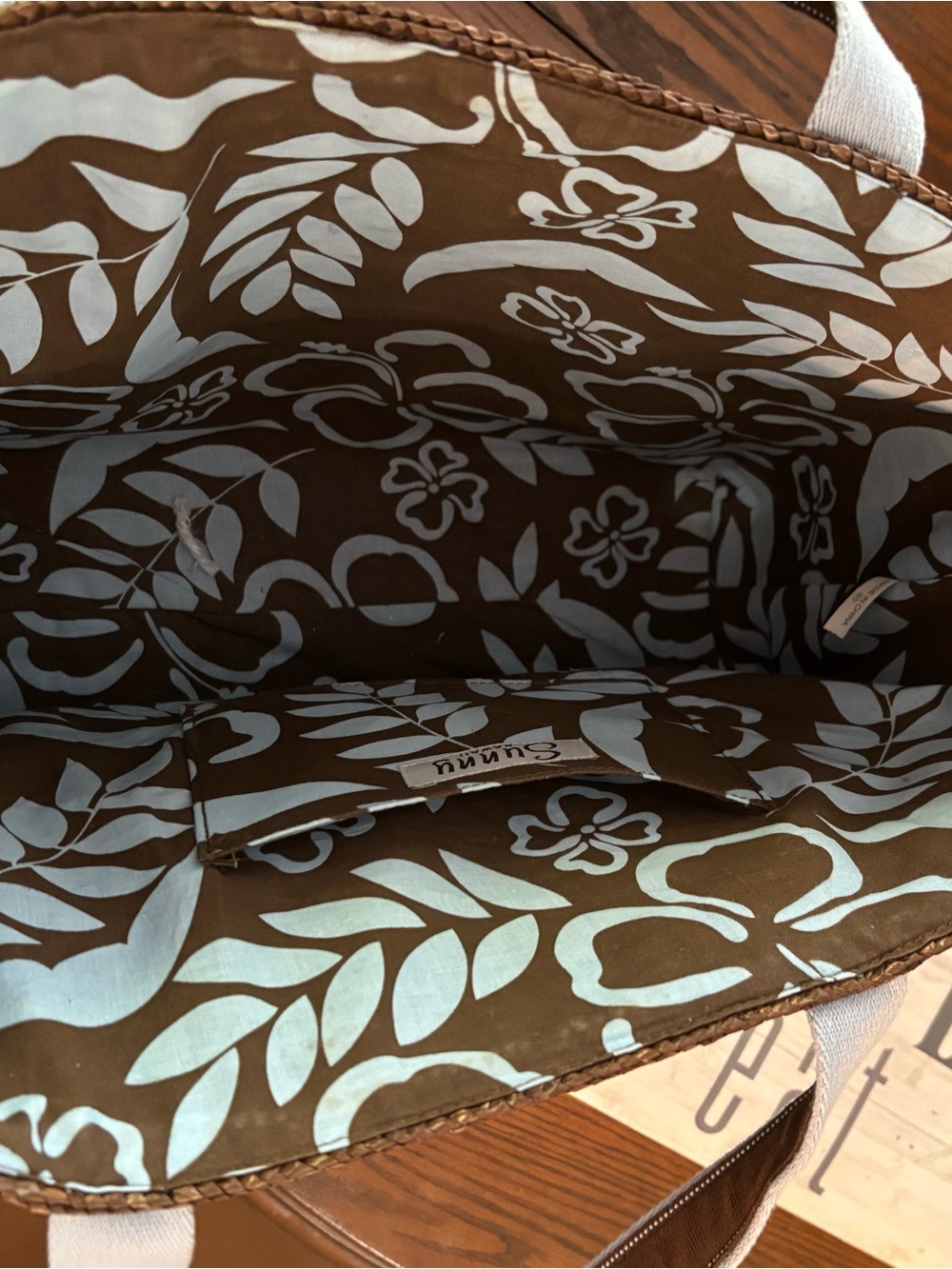 Woven Brown Tote Bag with White Straps and Light Blue Floral Lining - Picture 4 of 4